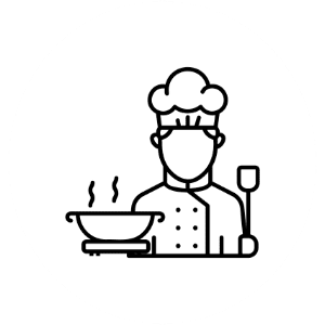 Line art of a chef cooking with a pan and spatula.
