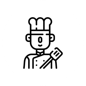 Icon of a chef with a spatula wearing a traditional hat and uniform.