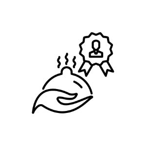 Hand presenting a steaming dish with a quality award badge.